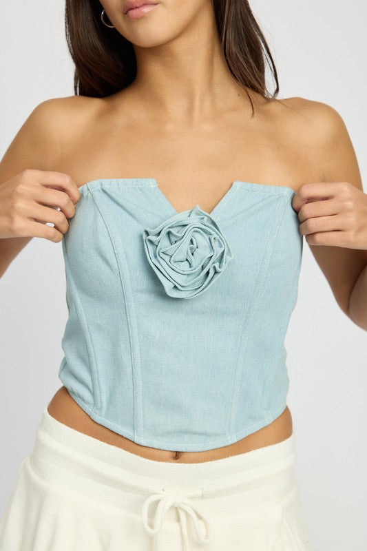 Denim Corset Top with Rose Detail - Summer at Payton's Online Boutique