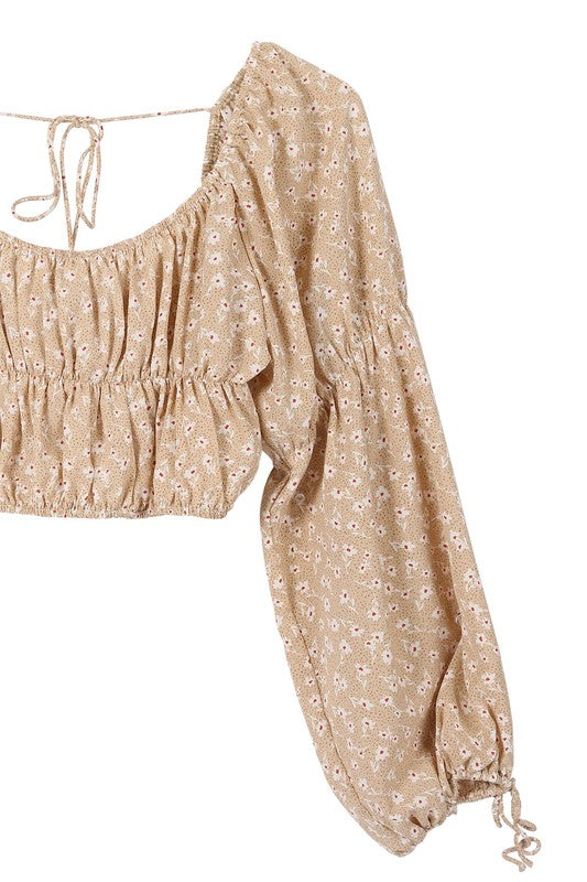 Square Neck Floral Long Sleeve Crop Top - Summer at Payton's Online Boutique