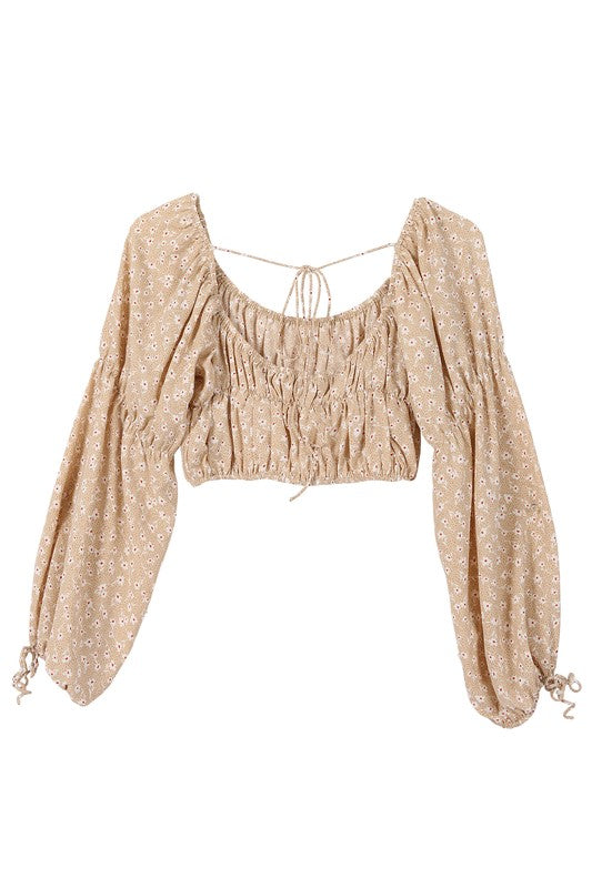 Square Neck Floral Long Sleeve Crop Top - Summer at Payton's Online Boutique