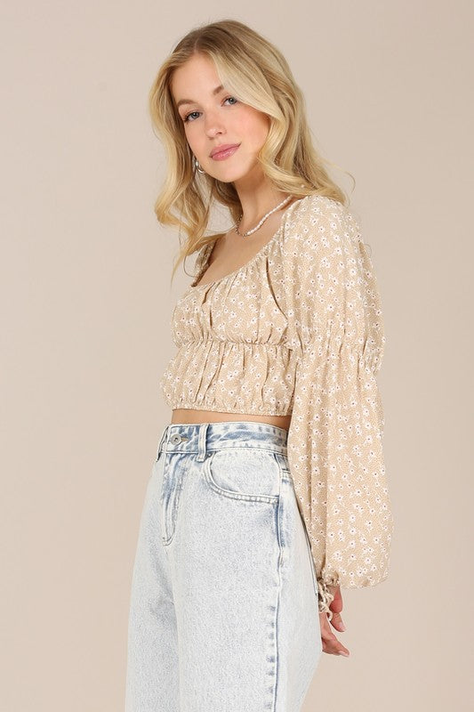 Square Neck Floral Long Sleeve Crop Top - Summer at Payton's Online Boutique