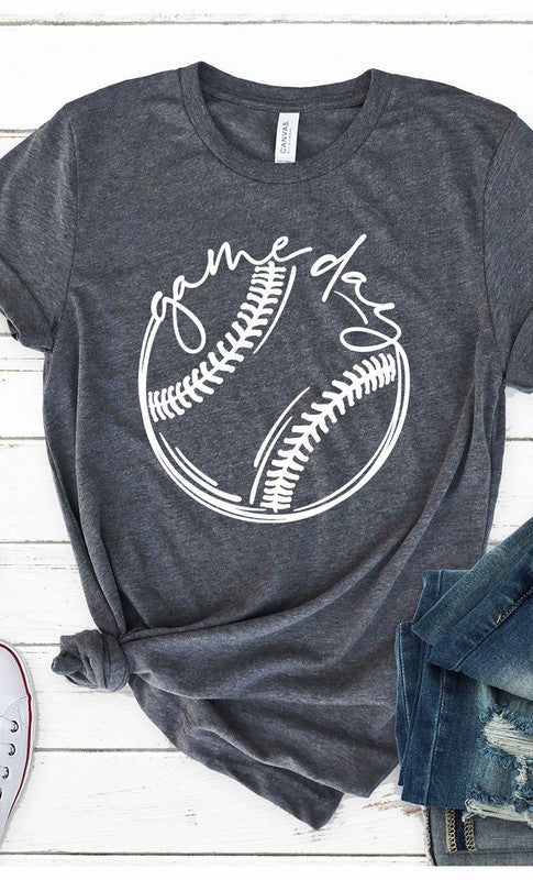 Heather Charcoal Cursive Game Day Baseball Graphic Tee-Plus Size