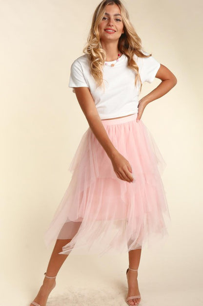 Asymmetric Tiered Tulle Midi Skirt