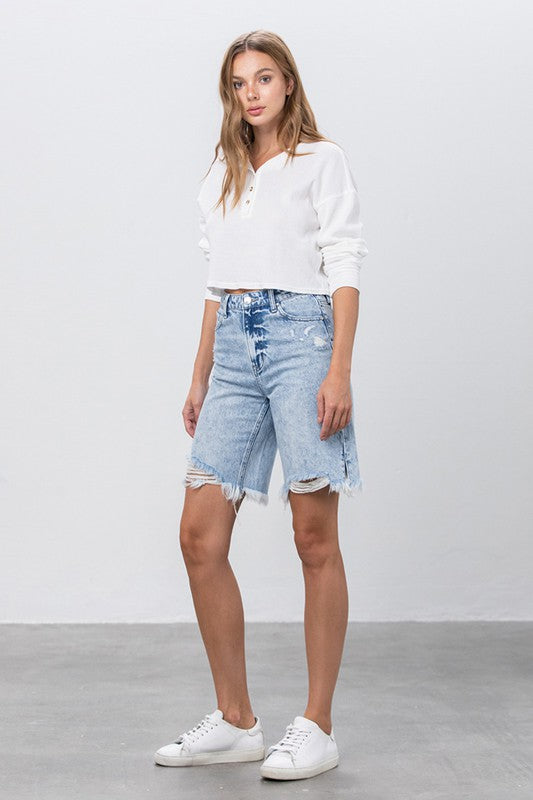 Take No Slit Distressed Denim Bermuda Shorts