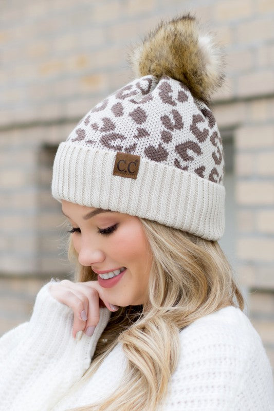 Leopard Fur Pom Beanie - Summer at Payton's Online Boutique