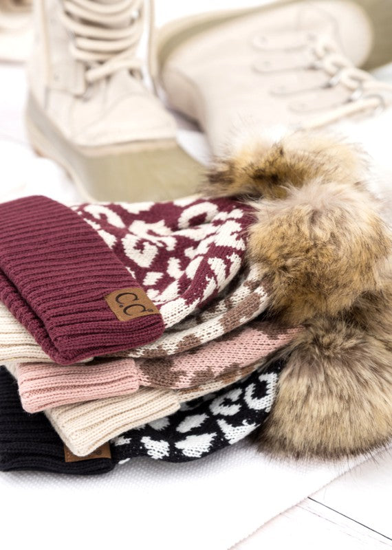 Leopard Fur Pom Beanie - Summer at Payton's Online Boutique