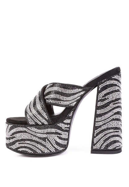 SINFUL HIGH PLATFORM PATTERNED DIAMANTE SLIDES - Summer at Payton's Online Boutique