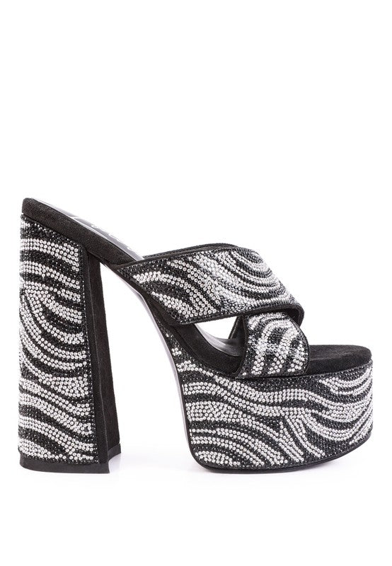 SINFUL HIGH PLATFORM PATTERNED DIAMANTE SLIDES - Summer at Payton's Online Boutique