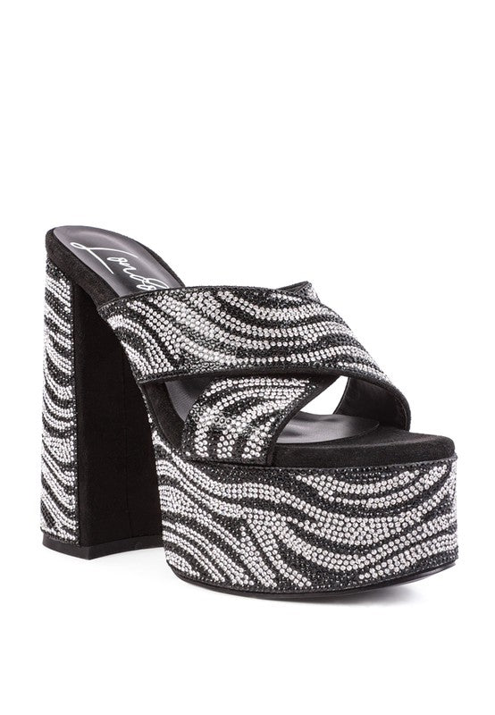 SINFUL HIGH PLATFORM PATTERNED DIAMANTE SLIDES - Summer at Payton's Online Boutique