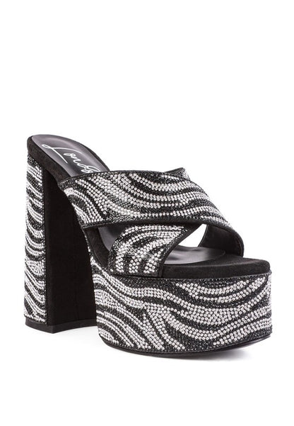 SINFUL HIGH PLATFORM PATTERNED DIAMANTE SLIDES - Summer at Payton's Online Boutique