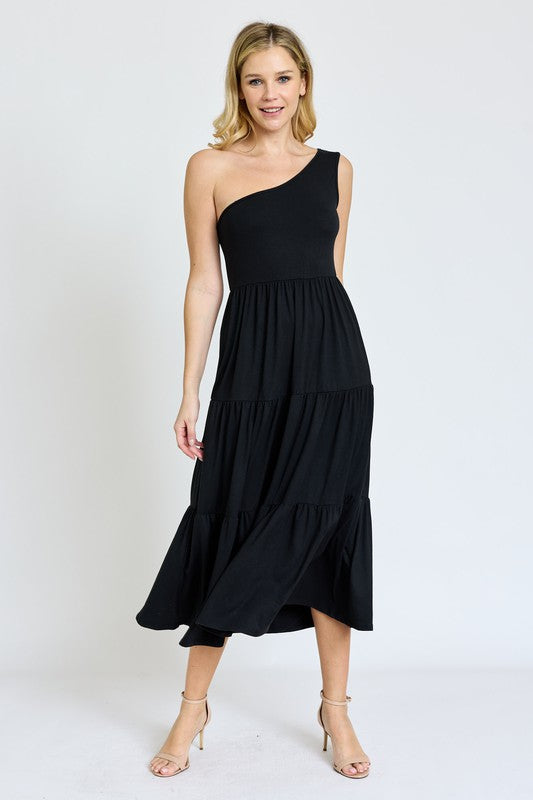 One Shoulder Ruffle Midi Dress