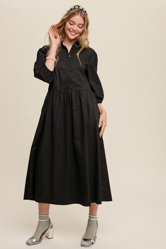 Button Front Puff Sleeve Babydoll Maxi Dress