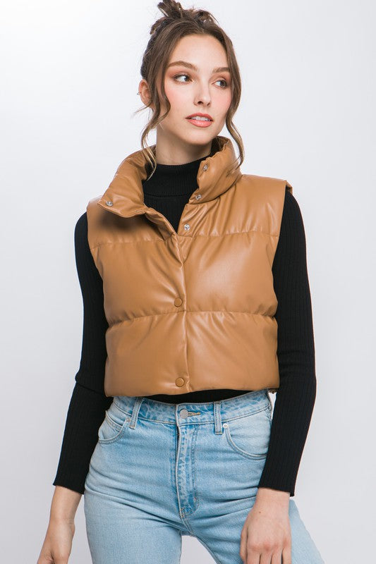 PU Faux Leather puffer West With Snap Button - Summer at Payton's Online Boutique