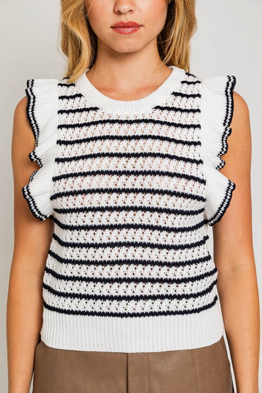 Round Neck Ruffle Sleeve Stripe Knit Top - Summer at Payton's Online Boutique