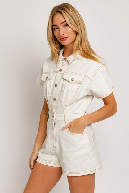 Short Sleeve White Denim Romper