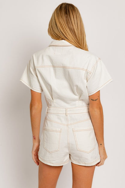 Short Sleeve White Denim Romper