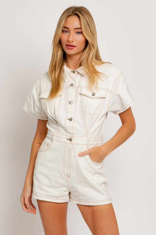 Short Sleeve White Denim Romper