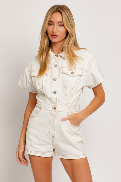 Short Sleeve White Denim Romper