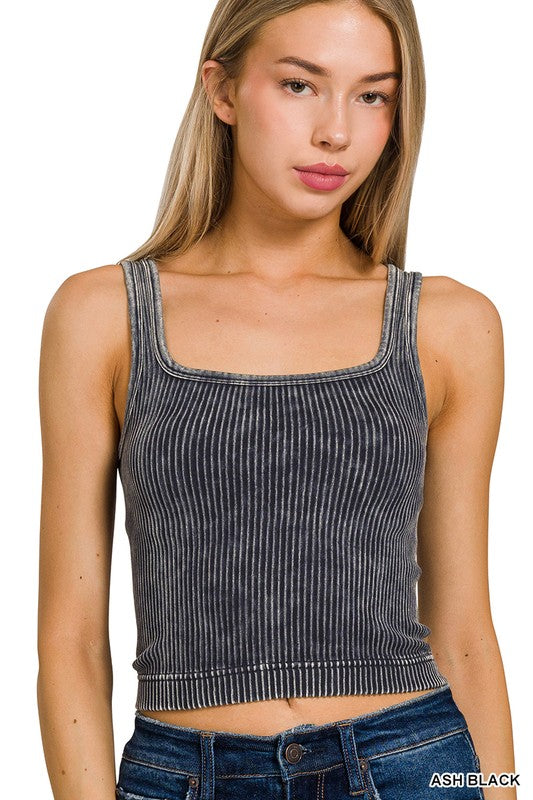 2-Way Neckline Washed Ribbed Cropped Tank Top - Summer at Payton's Online Boutique