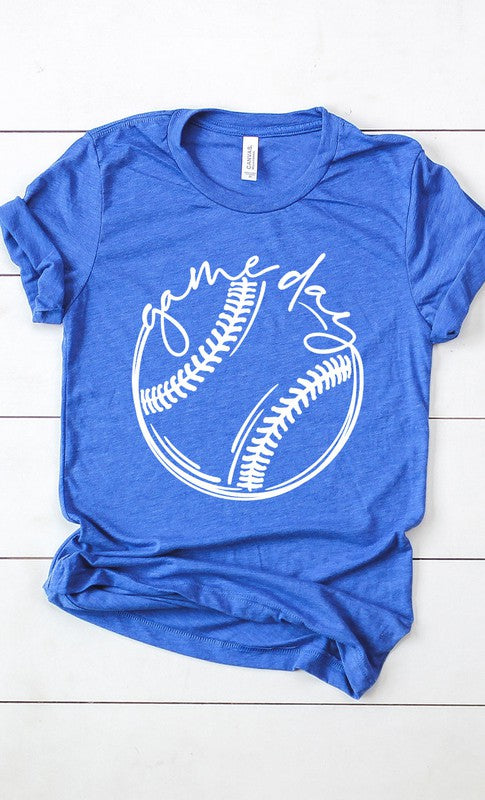 Heather Royal Blue Cursive Game Day Baseball Graphic Tee-Plus Size