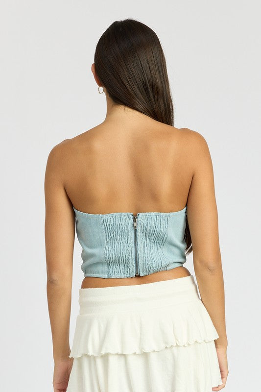 Denim Corset Top with Rose Detail - Summer at Payton's Online Boutique
