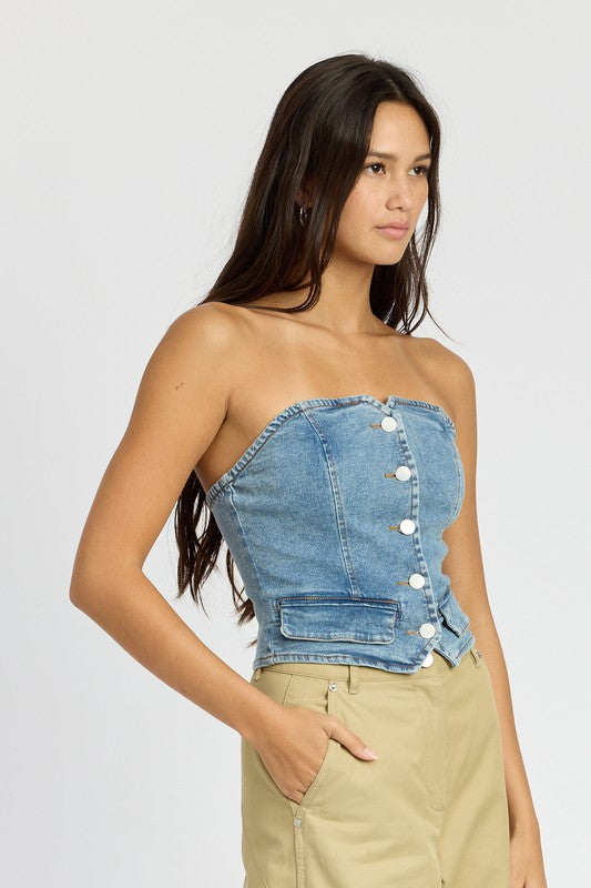 Button Front Denim Bustier Top - Summer at Payton's Online Boutique