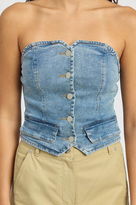 Button Front Denim Bustier Top - Summer at Payton's Online Boutique