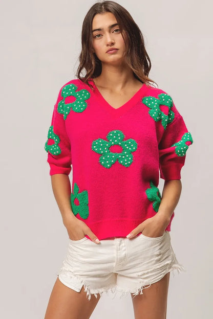 BiBi Pearl Beads Flowers Sweater Top