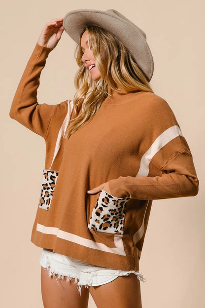 BiBi Mock Neck Sweater with Leopard Pocket