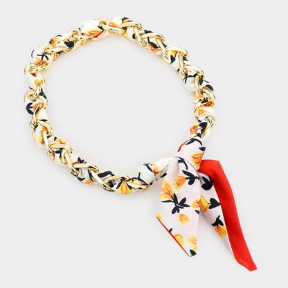 Link Flower Patterned Fabric Necklace – Adjustable 18" Oval Chain