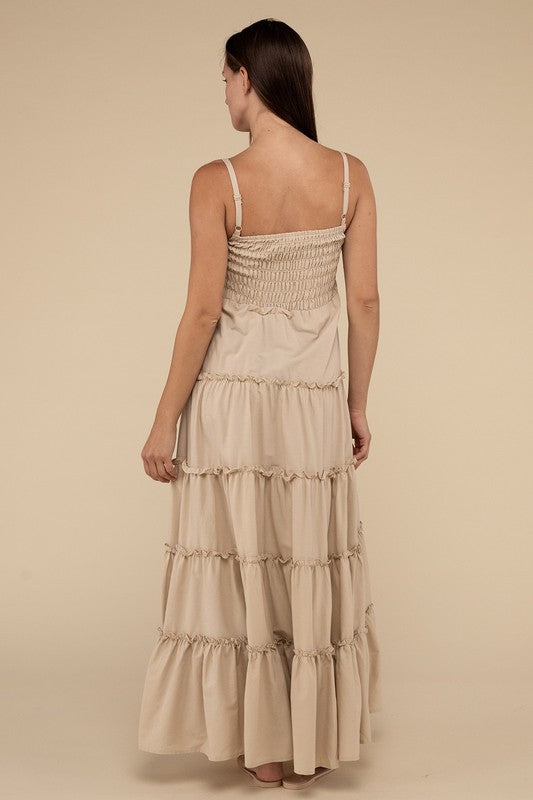 Sand Beige Woven Smocked Top Tiered Cami Maxi Dress