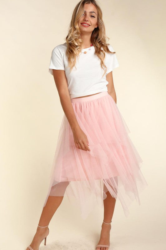 Asymmetric Tiered Tulle Midi Skirt