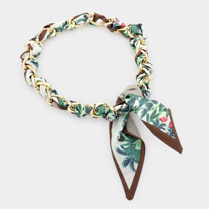 Link Flower Patterned Fabric Necklace – Adjustable 18" Oval Chain