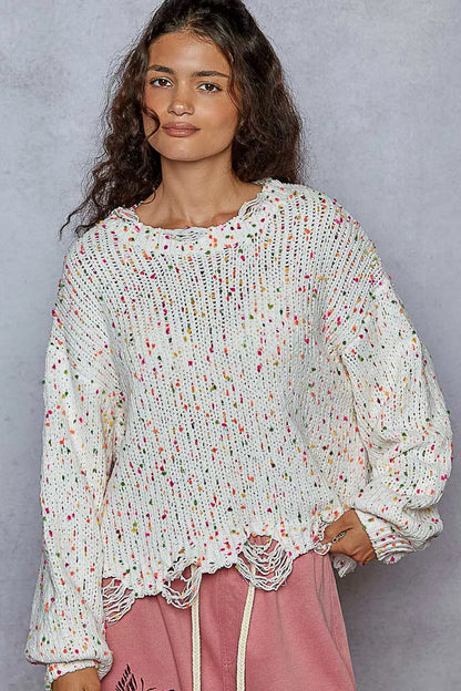 POL Round Neck Fringed Hem Sweater