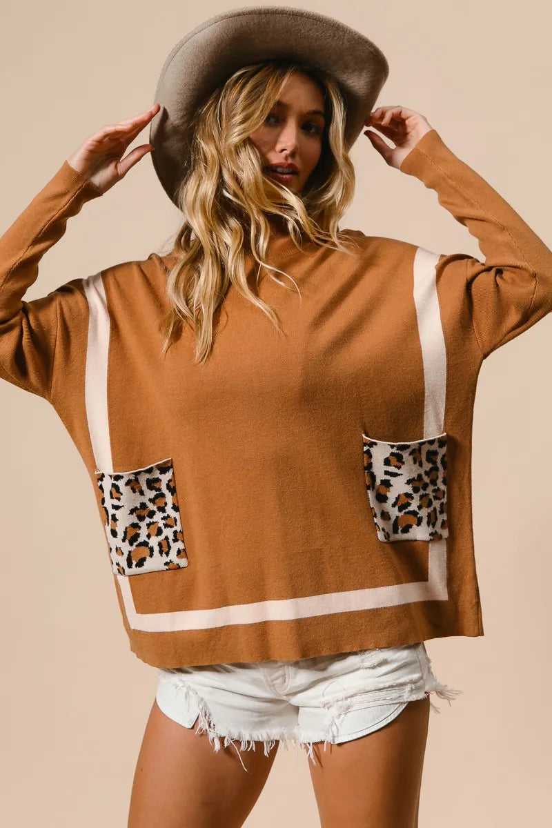 BiBi Mock Neck Sweater with Leopard Pocket