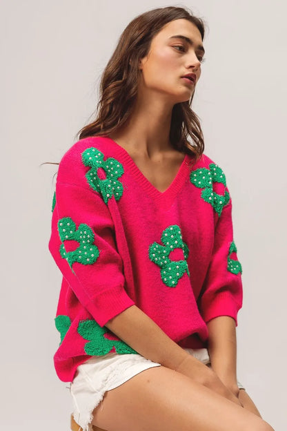 BiBi Pearl Beads Flowers Sweater Top