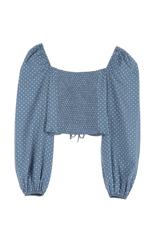 Ruched Polka Dot Crop Top with Puff Sleeves - Summer at Payton's Online Boutique