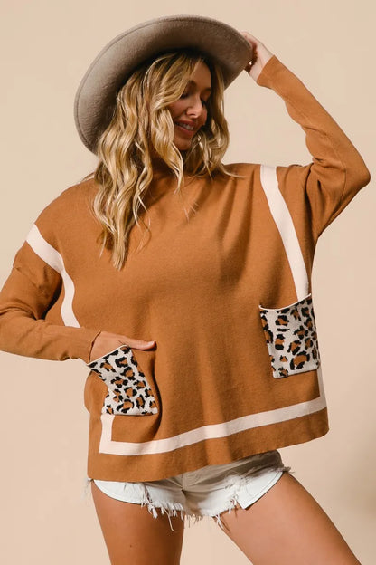 BiBi Mock Neck Sweater with Leopard Pocket