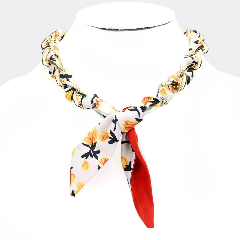 Link Flower Patterned Fabric Necklace – Adjustable 18" Oval Chain