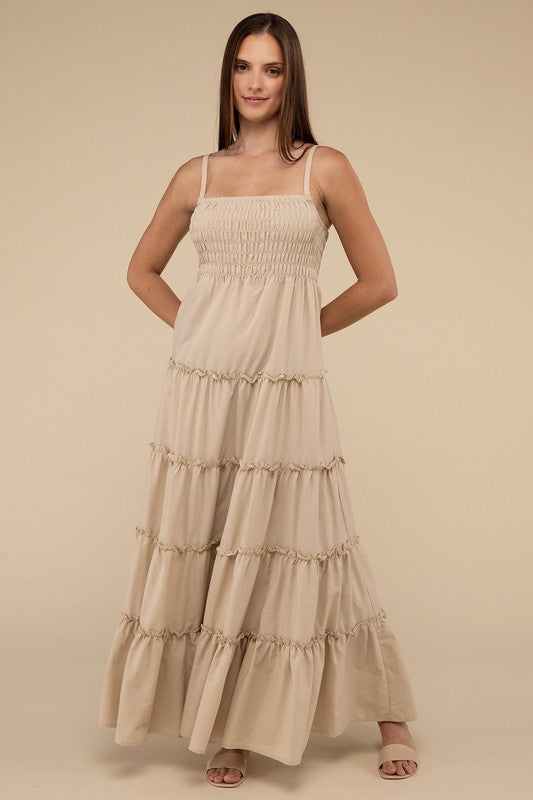 Sand Beige Woven Smocked Top Tiered Cami Maxi Dress