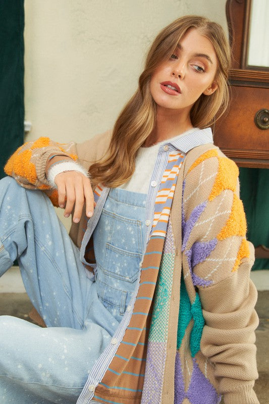 Plush Argyle Button Front Loose Fit Knit Cardigan - Summer at Payton's Online Boutique
