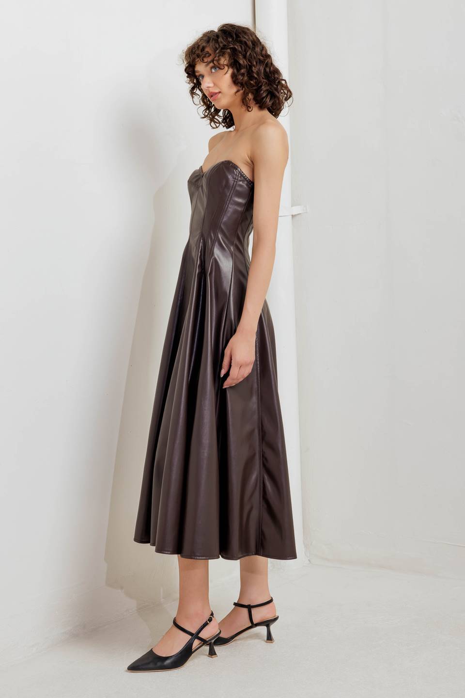 ESPRESSO DIVA FAUX LEATHER MIDI DRESS