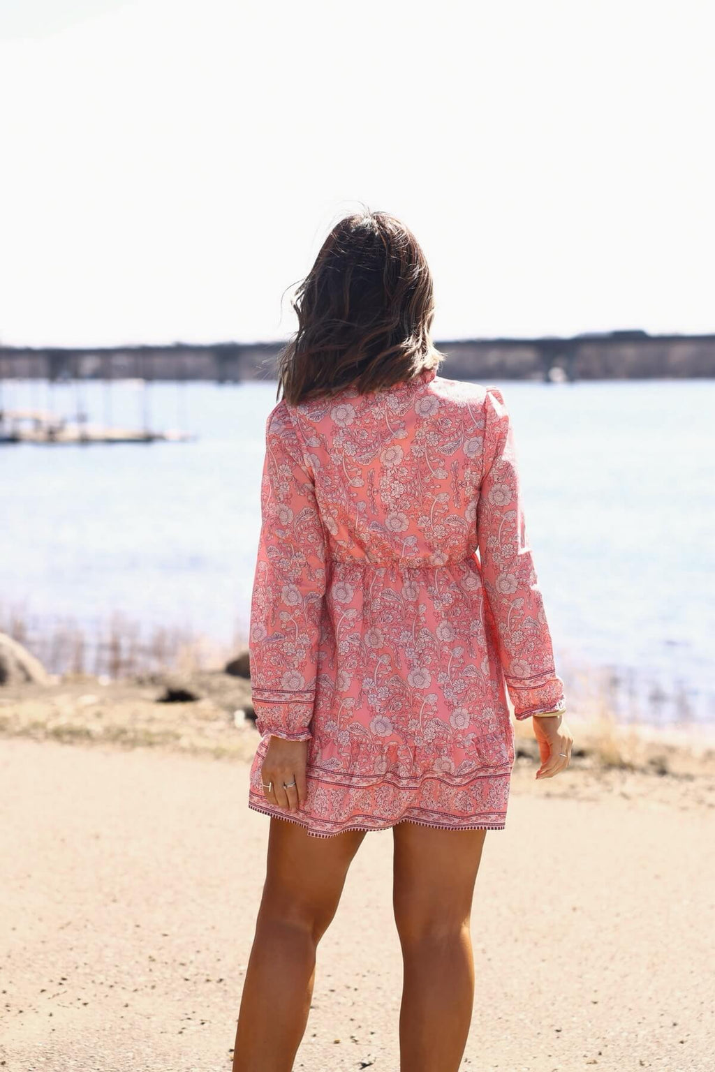 Back view pink floral print dress
