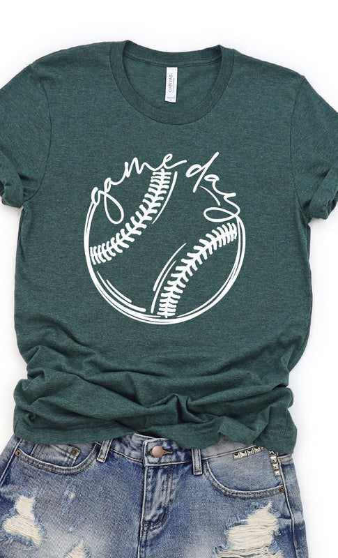 Heather Forest Green Cursive Game Day Baseball Graphic Tee-Plus Size