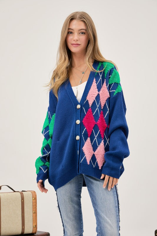 Plush Argyle Button Front Loose Fit Knit Cardigan - Summer at Payton's Online Boutique