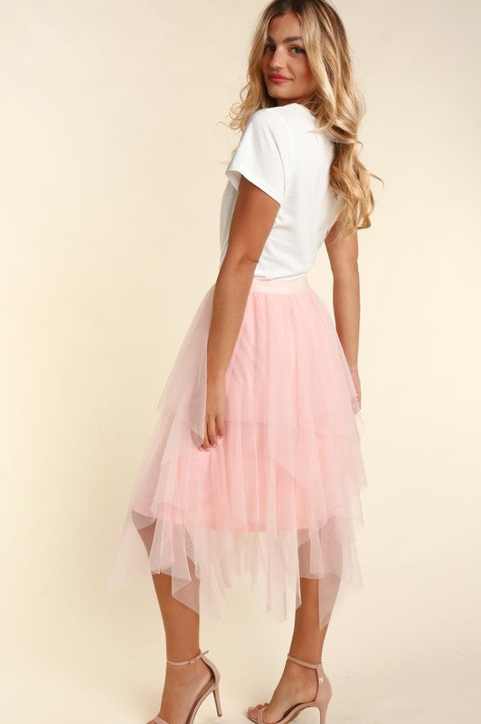 Asymmetric Tiered Tulle Midi Skirt