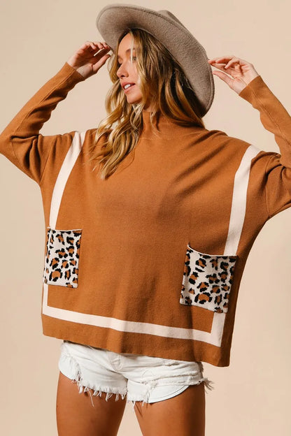 BiBi Mock Neck Sweater with Leopard Pocket