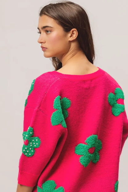 BiBi Pearl Beads Flowers Sweater Top