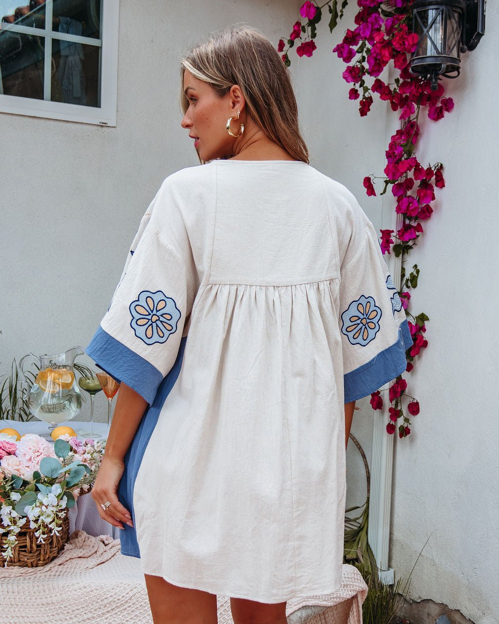 Back view denim embroidered mini dress