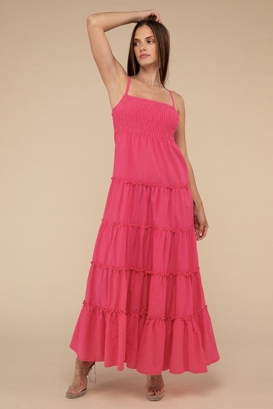 Fuchsia Woven Smocked Top Tiered Cami Maxi Dress