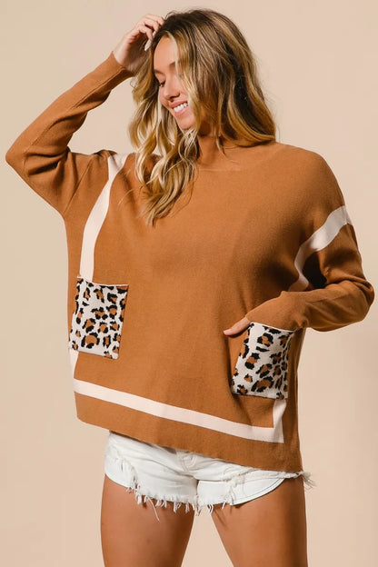 BiBi Mock Neck Sweater with Leopard Pocket